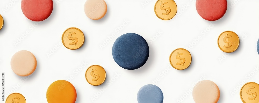 Aufkleber floating price tags and coins representing currency concepts in abstract design minimalistic style