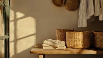 A serene, sunlit corner features woven baskets, neatly folded towels, and soft shadows, creating a cozy, inviting atmosphere, chore and housework.