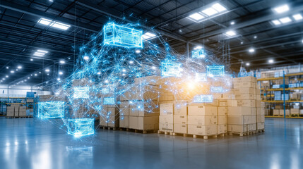 Smart Warehouse Logistics:  A futuristic visualization of a warehouse, showcasing efficient logistics with interconnected digital data streams flowing around stacks of cardboard boxes.
