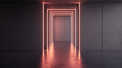 Minimal style 3d hallway with glowing lines in open space