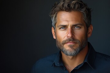 Fototapeta premium A close-up portrait of a man with a beard, showcasing his intense gaze and stylish appearance.