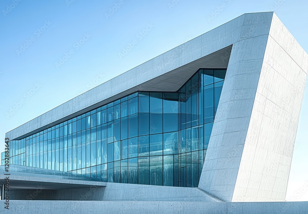 Poster modern architectural design featuring innovative angular structure with expansive glass facade and s