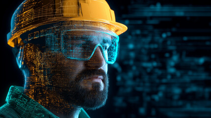 The Future of Construction: A close-up portrait of a construction worker wearing a hard hat and safety glasses, his face partially obscured by a digital overlay.
