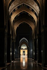 Fototapeta premium High definition photograph of a jet black Islamic archway at night. The focus is on intricate detail and deep shadows, with dark gold accents adding subtle