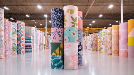 Colorful rolls of patterned fabric showcase a vibrant textile warehouse, emphasizing design variety and creative possibilities.