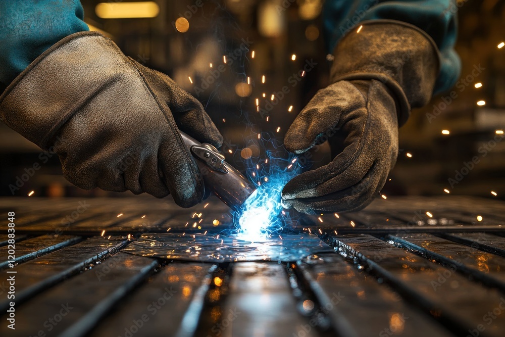 Poster close-up of a welder's hands creating sparks while welding metal in a workshop