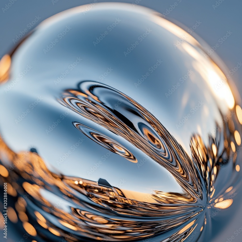 Poster abstract reflection and light play in a silver sphere captured on a calm surface, evoking modern ele