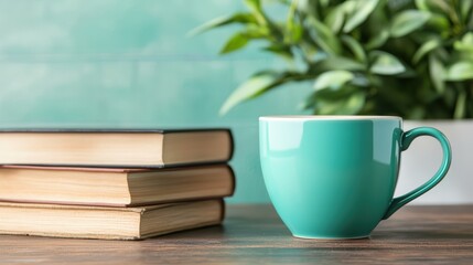A cozy scene featuring a turquoise cup next to stacked books, with a green plant in the background, evoking a tranquil reading atmosphere.
