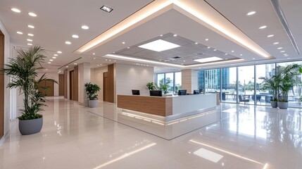 Fototapeta premium Modern office lobby with reception desk, plants, and city view; ideal for corporate websites