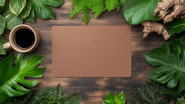 Green and Serene: A rustic wooden surface adorned with lush green foliage creates a tranquil backdrop for a cup of coffee, offering a blank canvas for creative expression.  