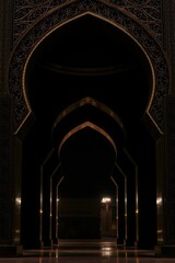 High definition photograph of a jet black Islamic archway at night. The focus is on intricate detail and deep shadows, with dark gold accents adding subtle
