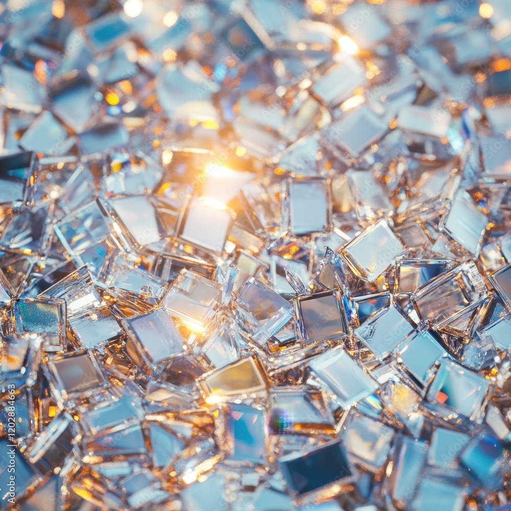 Poster sparkling crystal fragments on shimmering surface capturing light, perfect for backgrounds and artis