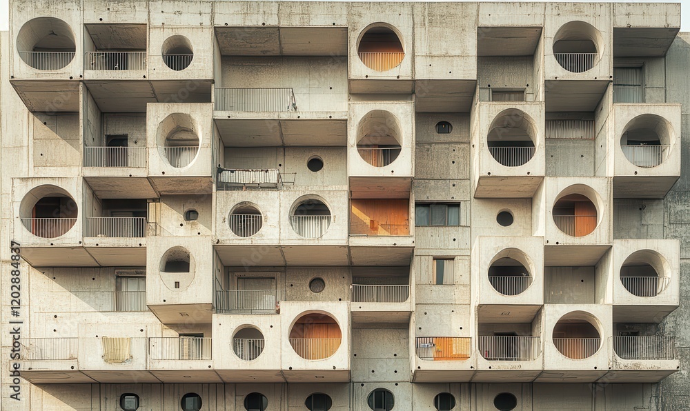 Poster modern architectural design featuring unique circular window patterns and balconies in a residential