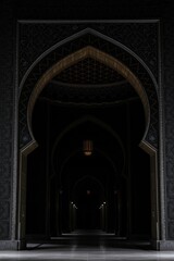 Obraz premium High definition photograph of a jet black Islamic archway at night. The focus is on intricate detail and deep shadows, with dark gold accents adding subtle
