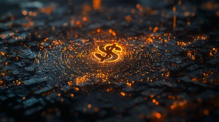 Digital Financial Concept with Glowing Dollar Sign Surrounded by Electronic Circuitry and Bright Particles in a Futuristic Setting