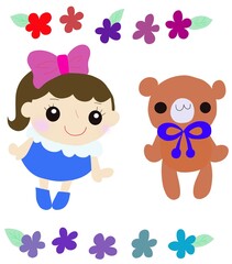 女の子とテディベアと花のイラストセット