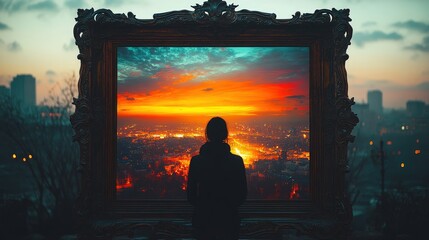 Sunset cityscape framed, person observing.
