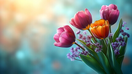 Spring tulips bouquet, sunny bokeh, greeting card