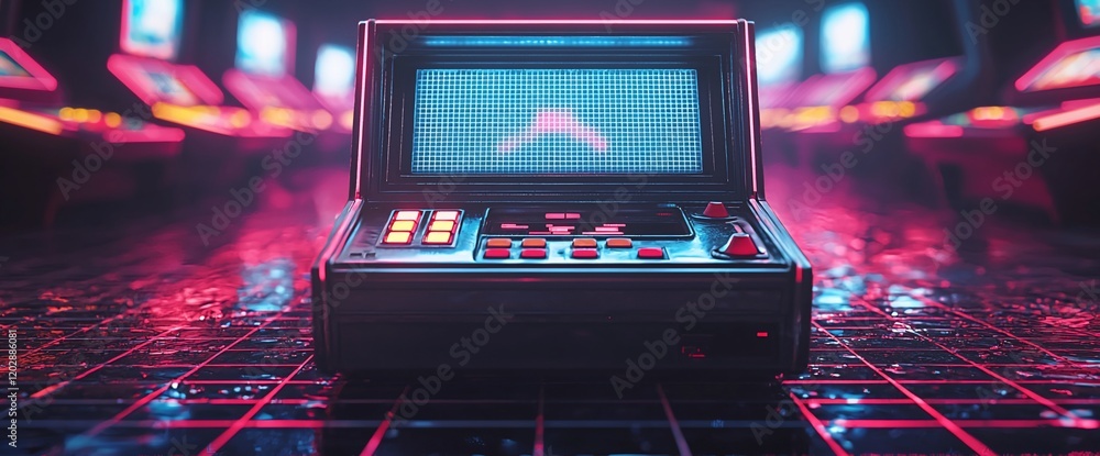 Poster retro arcade game console in neon-lit room.