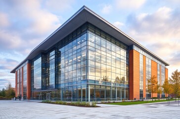 Modern Architectural Design of a Glass and Brick Building Surrounded by Lush Landscaping Under a Colorful Sky at Dusk in an Urban Environment