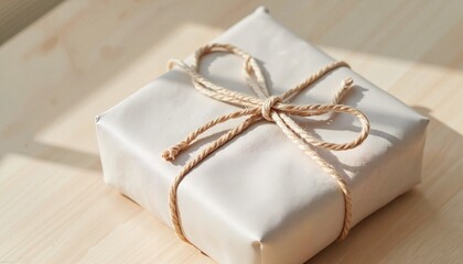 Gift box with brown wrapping paper and jute rope bow on wooden table in warm sunlight