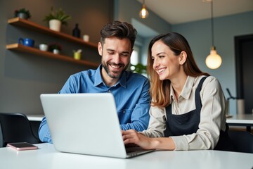 Couple Collaborating on Laptop in Modern Workspace: A Happy Man and Woman Engaged in Productive Discussion Over Technology in Stylish Office Setting