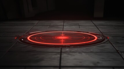 Futuristic Red Circular Interface with Grid Patterns on Floor in Dark Enclosed Environment
