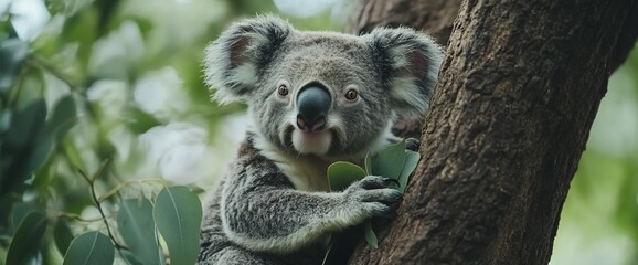 Fototapeta premium Koala on eucalyptus tree, Australian wildlife, lush green background. Nature documentary