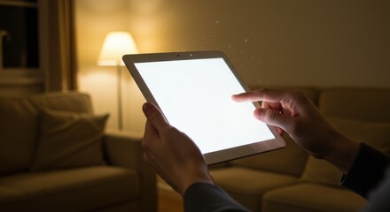 Naklejka premium Hands holding a tablet with a bright white screen in a darkened living room
