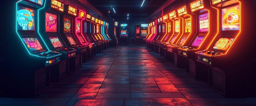 Neon-lit arcade hallway with rows of vibrant slot machines.