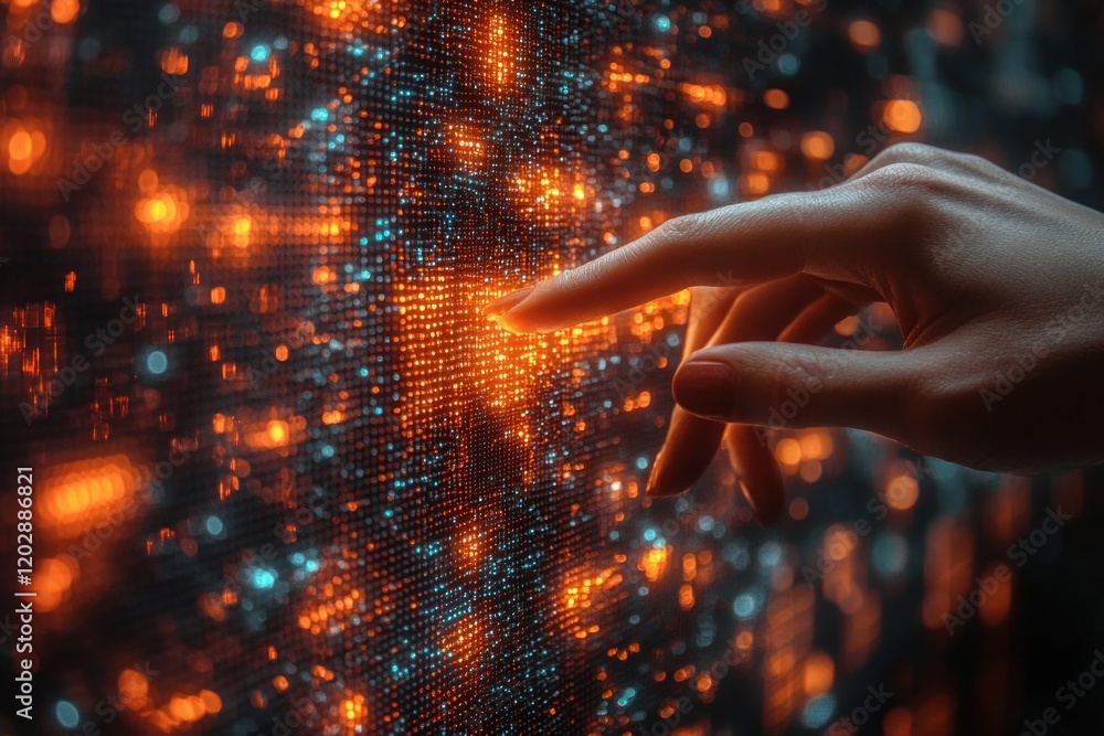 Poster a hand reaching out to touch a glowing digital interface filled with data patterns