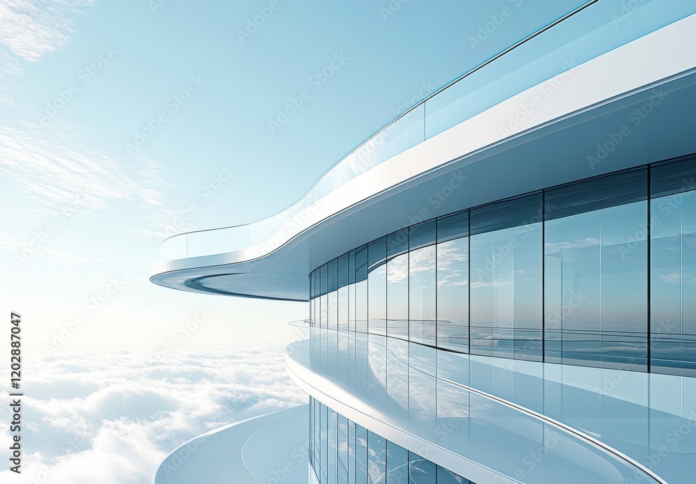 Aufkleber modern architectural design of a sleek curved building set against a bright blue sky with clouds in 