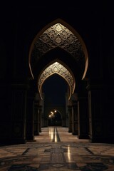 Fototapeta premium High definition photograph of a jet black Islamic archway at night. The focus is on intricate detail and deep shadows, with dark gold accents adding subtle