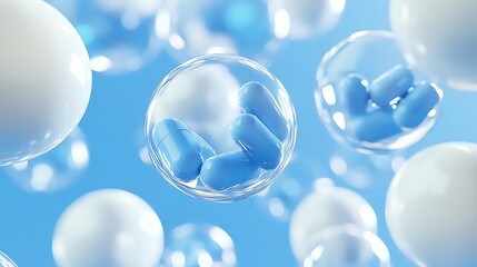 Floating capsules in clear bubbles against blue.