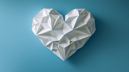 Folded white paper heart on blue background. Possible love card use