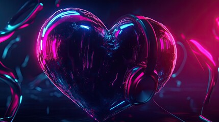 Fototapeta na wymiar A black 3d-rendered heart wearing black and red over-the-ear headphones