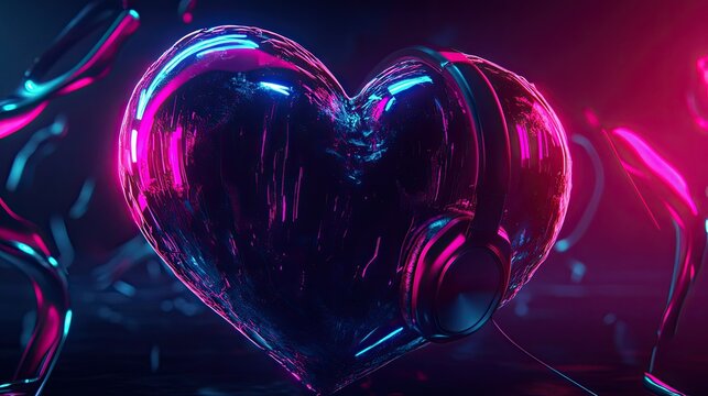 A black 3d-rendered heart wearing black and red over-the-ear headphones