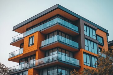 Obraz premium Modern Architectural Design of a Stylish Apartment Building Featuring Glass Balconies and Warm Wooden Accents in a Contemporary Urban Environment