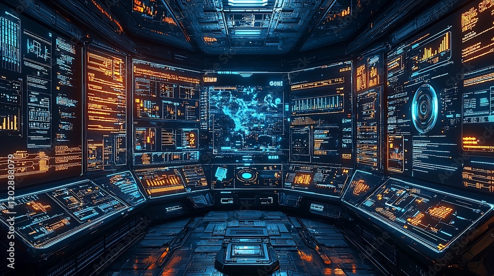 Poster futuristic control room with many screens displaying data.