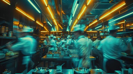 Motion blur image of chefs working in a vibrant, neon-lit restaurant kitchen.