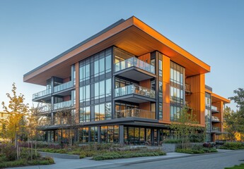 Modern Architectural Design of Stylish Apartment Building Featuring Large Windows and Vibrant Colors Surrounded by Lush Green Landscaping in Urban Environment