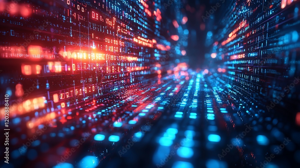 Poster Abstract digital data stream tunnel with glowing red and blue code.