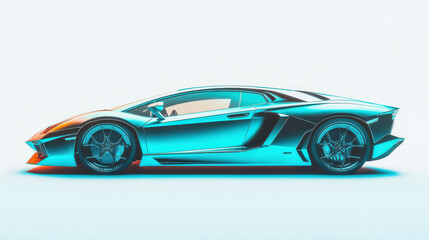 A futuristic cut-out of a sleek sports car, metallic silver with neon blue accents, side view