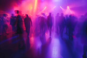 Blurry silhouettes of people dancing in a nightclub with vibrant pink and purple lighting.