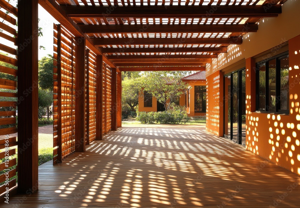 Poster modern architectural design showcasing a wooden pergola with intricate shadow patterns, creating a h