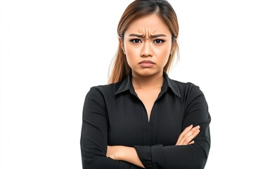A woman with a serious expression, arms crossed, conveying frustration or discontent.