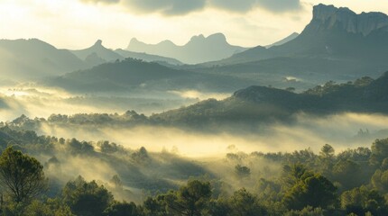 Obraz premium Misty Mountain Sunrise Landscape with Golden Rays