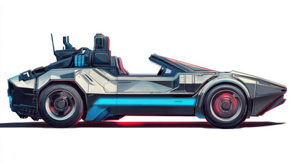 A futuristic cut-out of a sleek sports car, metallic silver with neon blue accents, side view