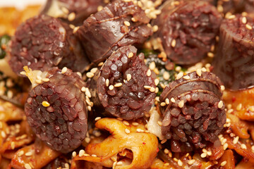 Spicy stir-fried sundae, Korean food 
