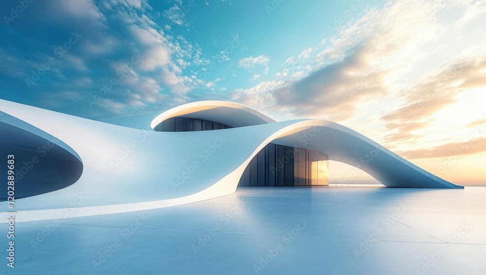Poster modern architectural design with smooth curves and soft lighting under a dramatic sky showcasing inn
